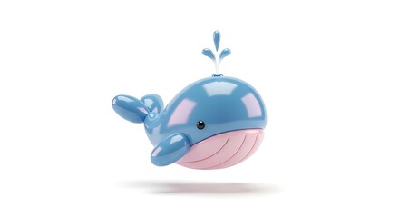 A cute blue cartoon whale toy with pink belly spraying water from its blowhole, floating on a white background.