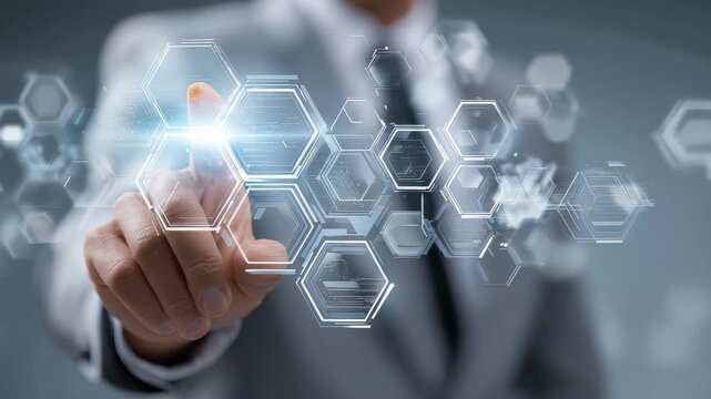 Touching a digital interface with hexagon shapes in a technology setting during a business meeting