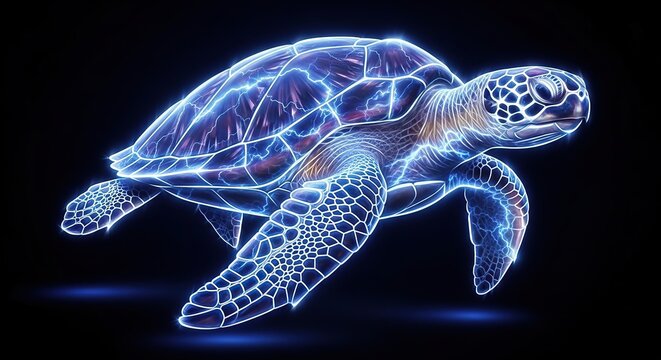 Neon sea turtle in motion