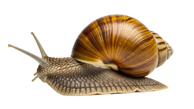A large brown snail with a detailed shell and slimy foot