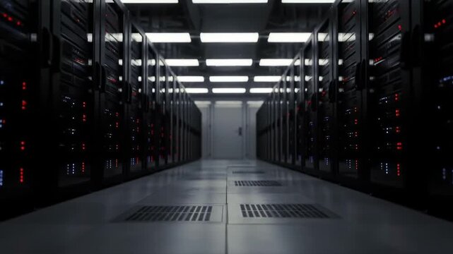 Dark server room with rows of servers.