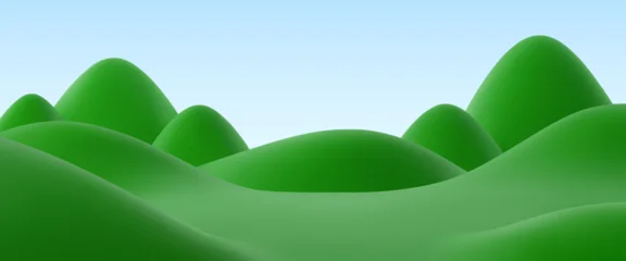 Rolgordijnen Kinderkamer 3d green grass lawn meadow and hills landscape with layered ground and rolling grass terrain under light blue sky. Outdoor vector nature background, countryside scenery with natural land and horizon  © Buch&Bee