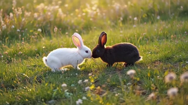 Two rabbits,  white rabbit and a brown rabbit gently touched noses in a meadow full of wildflowers and bathed in the warm golden light of nature