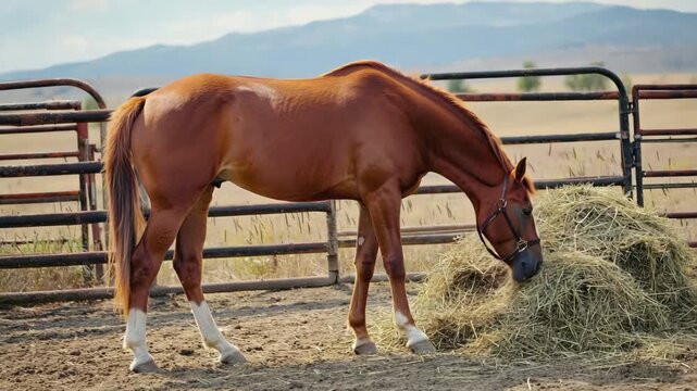 Calm brown horse stands in a fenced-off meadow, peacefully grazing on a pile of hay, with open fields and distant mountains in the distance.