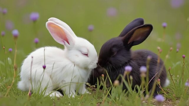 Close up,  white rabbit and a brown rabbit gently touched noses in a meadow full of wildflowers and bathed in the warm golden light of nature