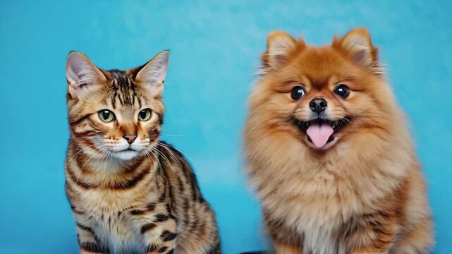 Calm tabby cat sits beside an excited fluffy dog with its tongue out against a bright blue studio background, humorously the contrast between feline elegance and canine enthusiasm