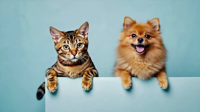 A curious tabby cat and a smiling fluffy dog rest their paws on a blue ledge, looking forward against a pastel background, creating a playful and charming scene of friendship and contrast