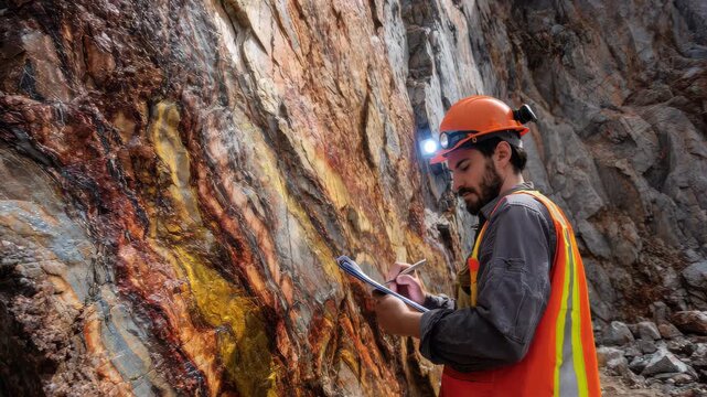 Geologist studies rock formation while collecting samples in a mining area during the day with natural light shining on the surface