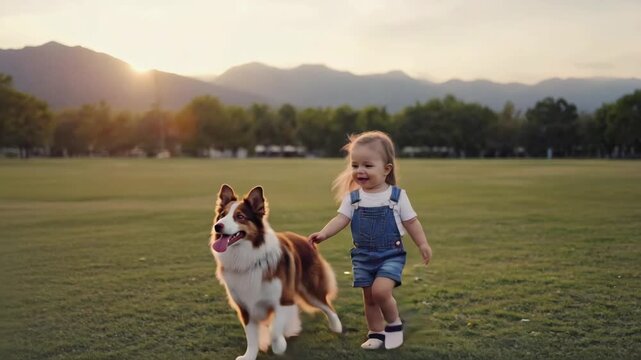Happy toddler walks beside a playful dog across a wide green field at sunset, capturing a warm moment of childhood joy, friendship, and outdoor freedom