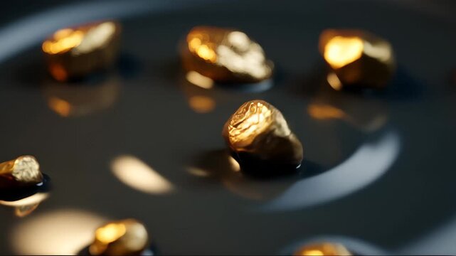 Group of gold nuggets lying on a flat surface in bright light at a close distance showcasing their shape and luster