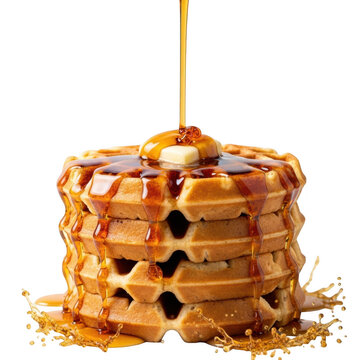 Delicious stack of waffles drizzled with syrup isolated on white background