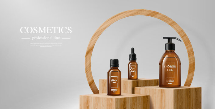 3d wooden podium stage with three skincare cosmetic amber glass bottles displayed on wooden stand blocks. Shower gel pump bottle, tonic and a dropper oil cosmetics product realistic vector mockup