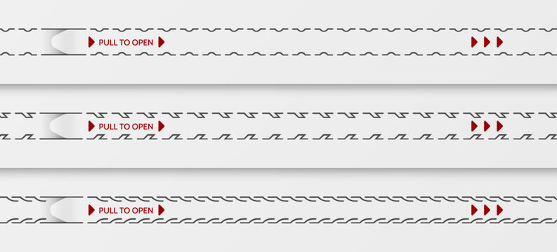 Package perforated tear strip border line. Vector pull tab templates with dashed perforation lines and red Pull to open text, arrows, and opening indicators for packaging, labels, and product layouts