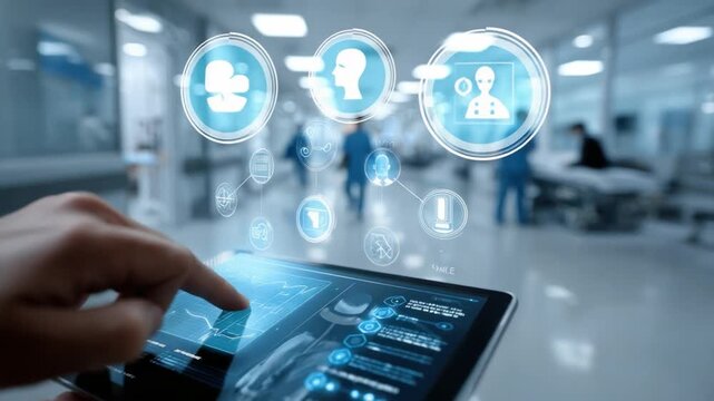 Hospital Technology: A modern depiction of digital innovation in a hospital setting, illustrating advanced patient care and management through intuitive technology and data visualization.