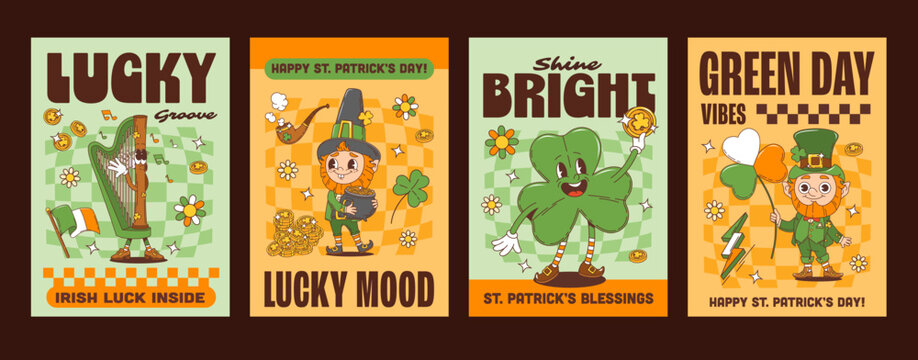 Saint Patrick's day groovy hippie characters posters. Retro vector posters in green and orange tones, with harp mascot, leprechaun with pot of gold, clover leaf with coin, and leprechaun with shamrock