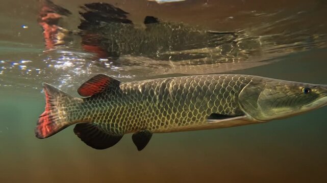 Majestic Arapaima Fish Swimming Underwater in Clear Freshwater with Surface Reflection, Natural Habitat