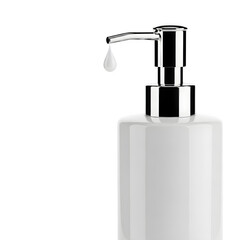 Obraz premium Transparent soap dispenser with silver pump and a single drop isolated on transparent background