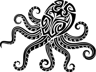 Maori octopus animal tribe graphic tattoo or print. New Zealand ethnic black print, Maori tribal abstract symbol. Samoan warrior folk tattoo © Buch&Bee