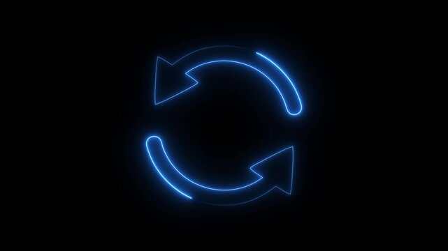 Glowing refresh loop arrows animation on dark background, continuous update cycle and data synchronization technology concept