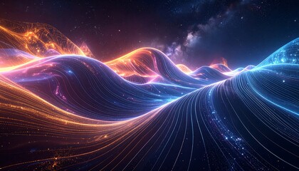 Glowing, digital landscape depicts wave-like forms in vibrant orange and blue against a starry sky