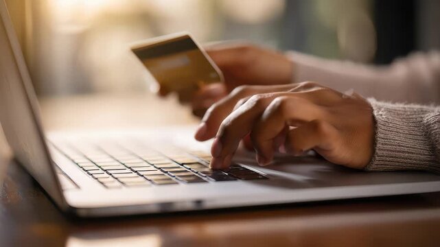 Person uses credit card to make online purchase while sitting at table with laptop in bright room during daytime