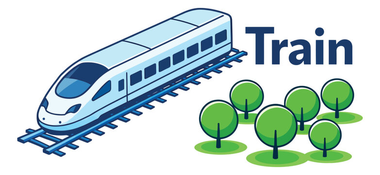 Isometric cartoon transportation elements set featuring a high-speed train, tracks, and trees for travel and education designs