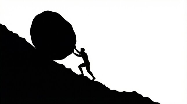 Powerful Black Silhouette of Man Pushing Large Round Boulder up a Hill on White Background - Hard Work and Struggle Concept