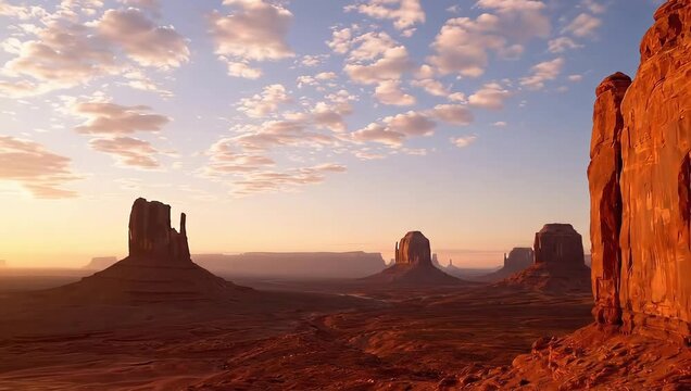 Scenic monument valley landscape with red rock formations and cloudy sky during sunset in american west desert