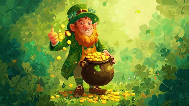 Whimsical Leprechaun Holding A Pot Of Gold In A Clover Field