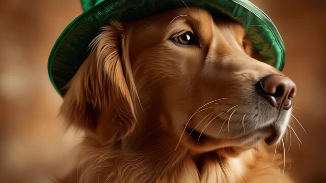 Golden Retriever Dog Wearing Festive Green Hat for Saint Patricks Day