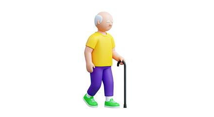 3D Cartoon Elderly Man Walking with Cane