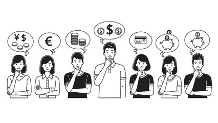 A group of people thinking about money and finance with various currency symbols