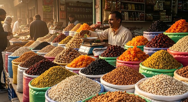 Vendor at an outdoor market displays large colorful mounds of dried fruits and nuts for sale