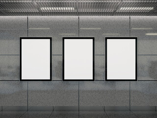 White Blank Wall Poster Frame Mockup 3d Render in Subway Station