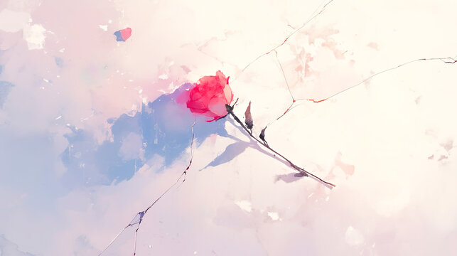 ひび割れた背景に一輪の赤いバラの花の水彩イラスト