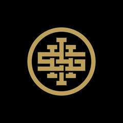 IHS monogram  logo intricate gold geometric emblem in a circular frame.