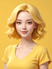 Naklejka premium A beautiful young woman with short blonde hair and a yellow shirt smiles gently against a yellow background.
