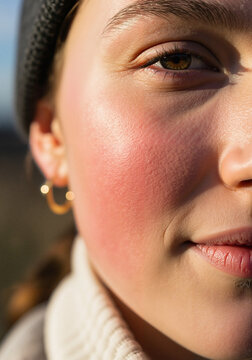 Young woman smiling softly with flushed cheeks outdoors in sunlight  