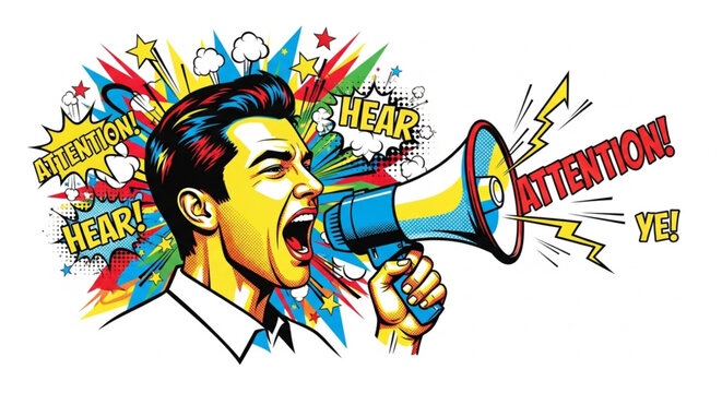 A vibrant retro pop art illustration of a man shouting into a megaphone with "ATTENTION" and "HEAR YE" text bubbles and colorful explosive graphics.
