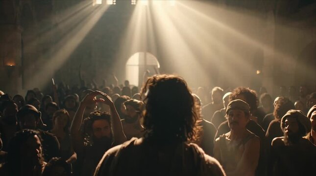 Man stands before a large crowd in a historic location during the afternoon light