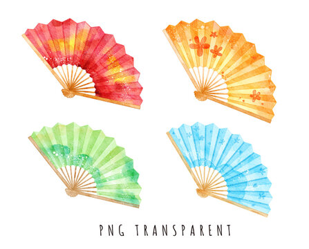 Watercolor Chinese paper fan collection. Traditional accessory illustration.