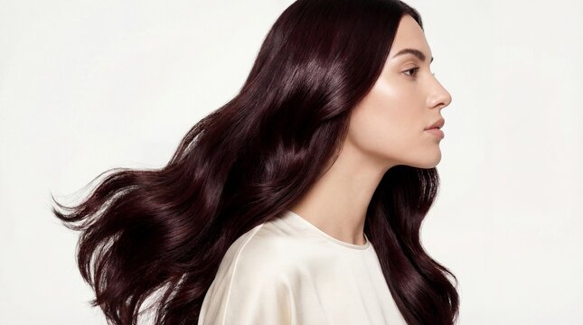 Stunning profile portrait of a young woman with luxurious, shiny, dark mahogany hair in dynamic motion. Beautiful volume and healthy texture against a clean white backdrop.