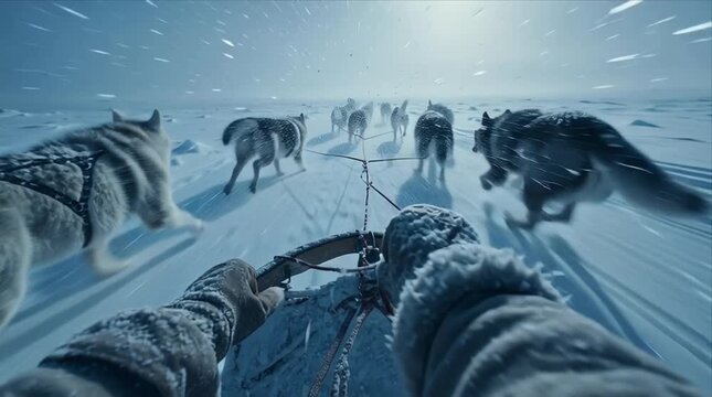 Dog sledding in snowy landscape during winter in the Arctic region with strong winds and a team of huskies pulling the sled