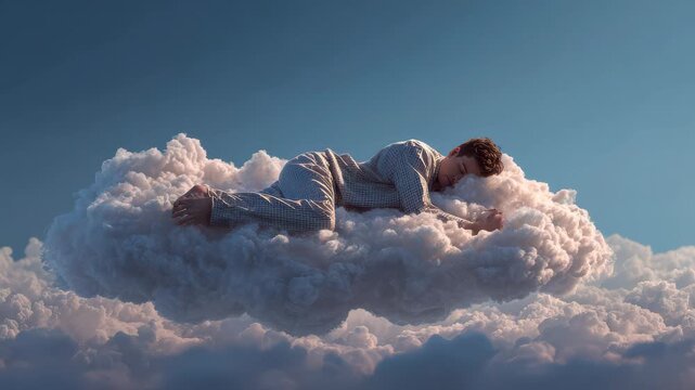 Person sleeps on a cloud during the day with a blue sky and fluffy clouds around them