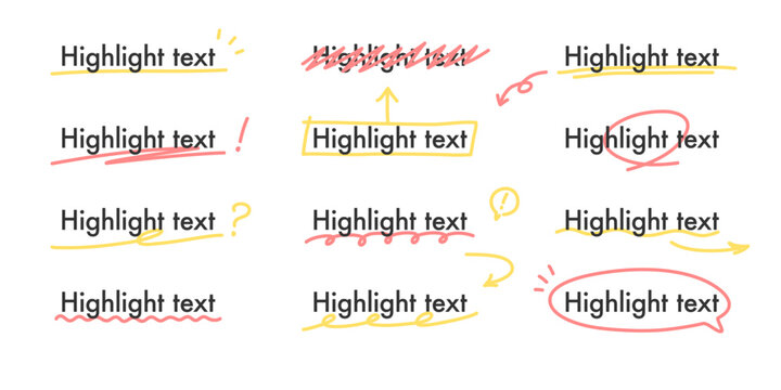 手描きの下線と強調線のイラスト　手書き・落書き風のアンダーラインと矢印のあしらいセット　アウトライン前・線幅の編集可能