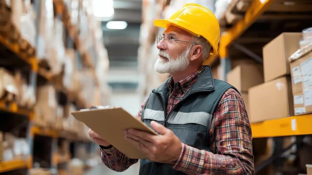 Senior worker checks inventory in warehouse while wearing yellow hard hat during daytime shift