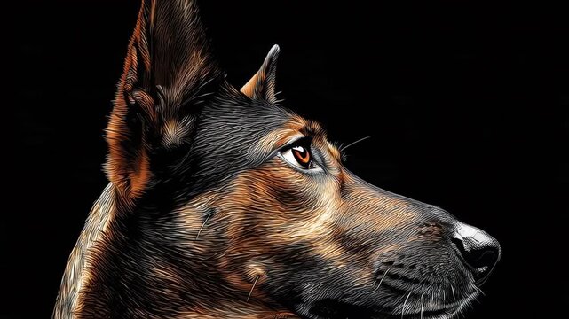 German Shepherd Dog Illustration Etching Style Black Background