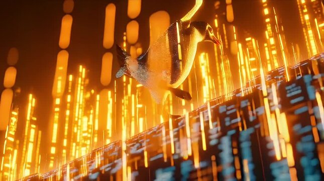 Penguin walks on glowing digital path at night in data visual landscape