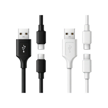USB and USB Type C cables in black and white, for data transfer and charging devices