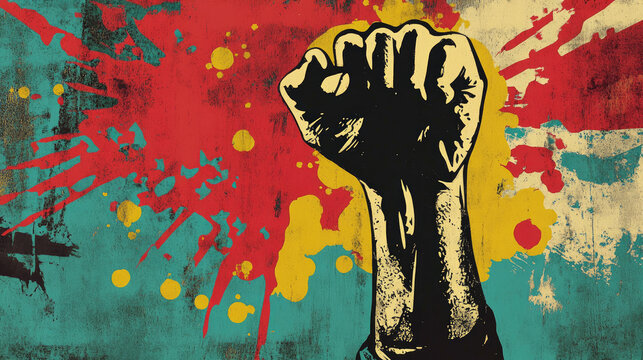 A clenched fist with colorful paint splatters in an artistic display. A symbol of strength, unity, and defiance AI Generative
